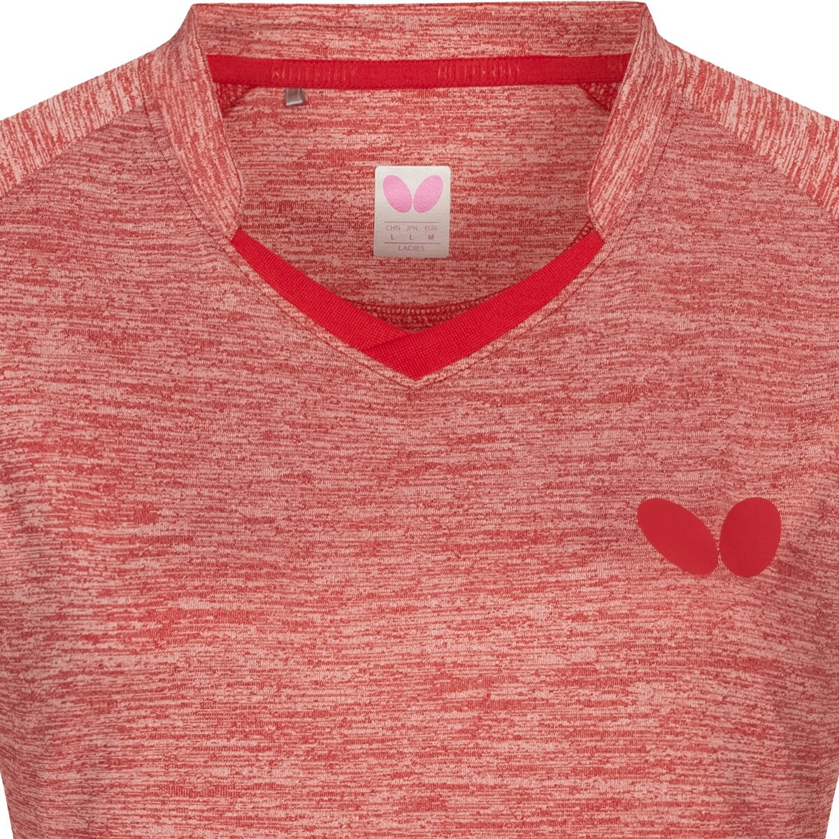 Butterfly Izumo Lady Shirt: Close-up of Left Chest Butterfly Logo of Red Shirt